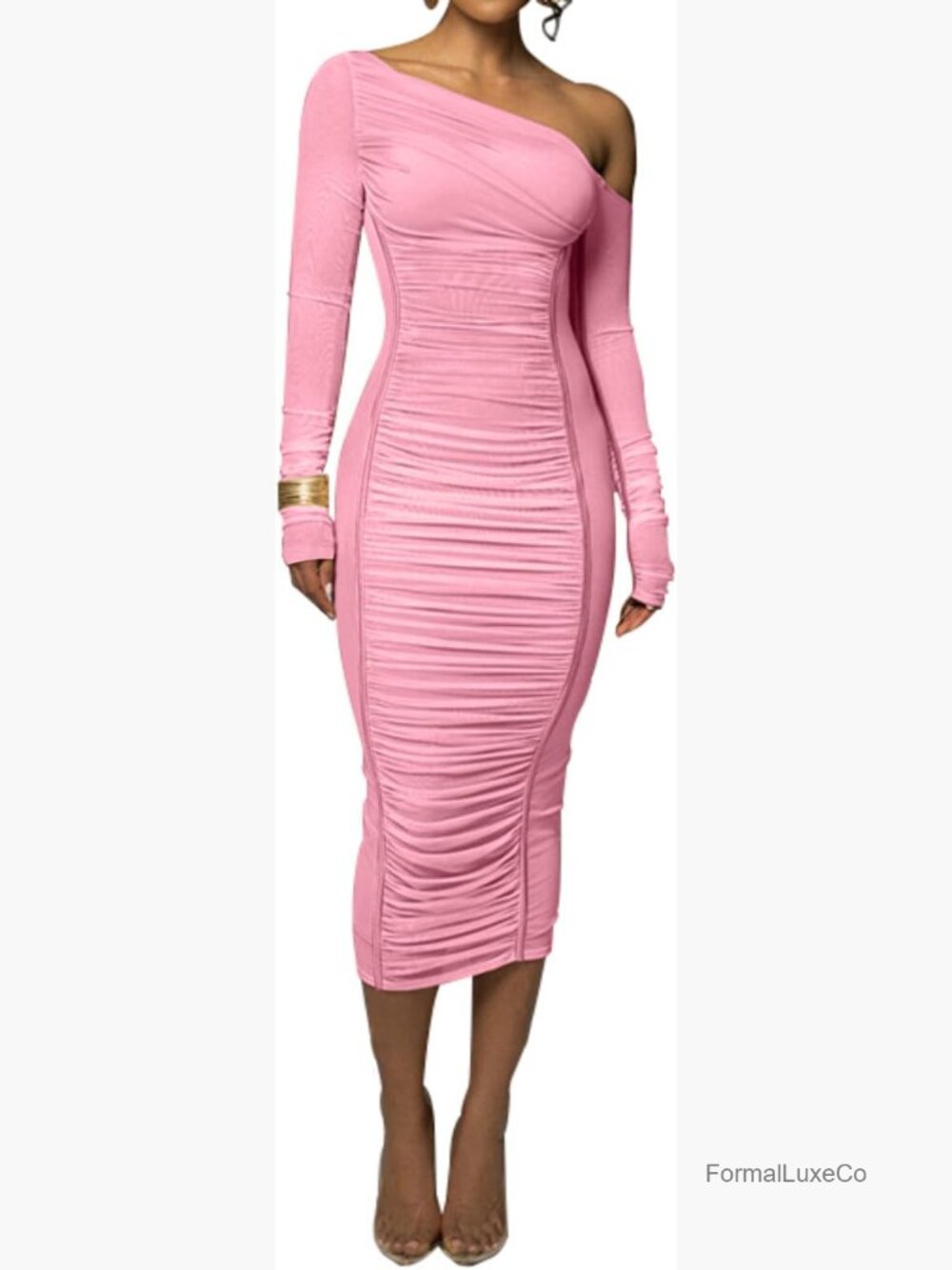 Sexy Off Shoulder Mesh Long Sleeve Bodycon Maxi Dress Ruched Party Club - Picture 1 of 6